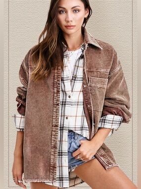 LA MIEL Carter Corduroy Jacket Brown Button Front Shirt Jacket Size Small